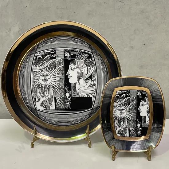 Vintage Mid Century Hollohaza Hungarian Porcelain Plate Dia25cm and Dish 12.5 x14.5cm. Sun and Art Nouveau Lady design. 