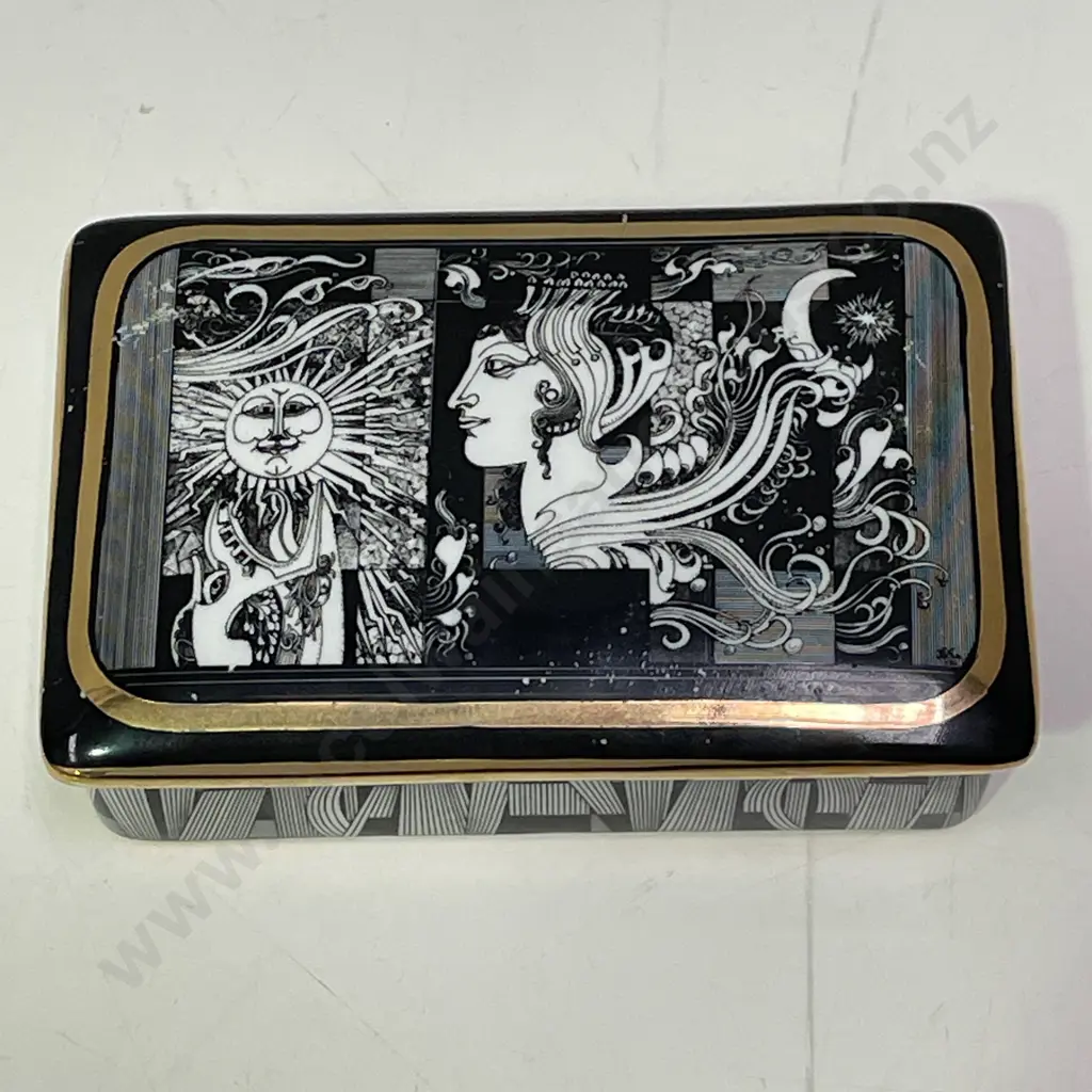 Vintage Mid Century Hollohaza Hungarian Porcelain Lidded Box. Sun and Art Nouveau Lady design. 13.5x9cm H4.5cm Image 1++