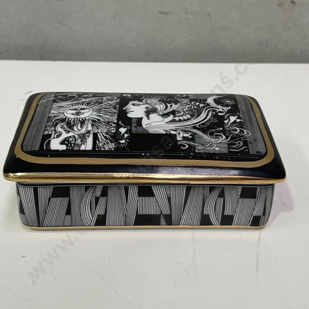 Vintage Mid Century Hollohaza Hungarian Porcelain Lidded Box. Sun and Art Nouveau Lady design. 13.5x9cm H4.5cm Image 1++