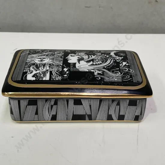 Vintage Mid Century Hollohaza Hungarian Porcelain Lidded Box. Sun and Art Nouveau Lady design. 13.5x9cm H4.5cm