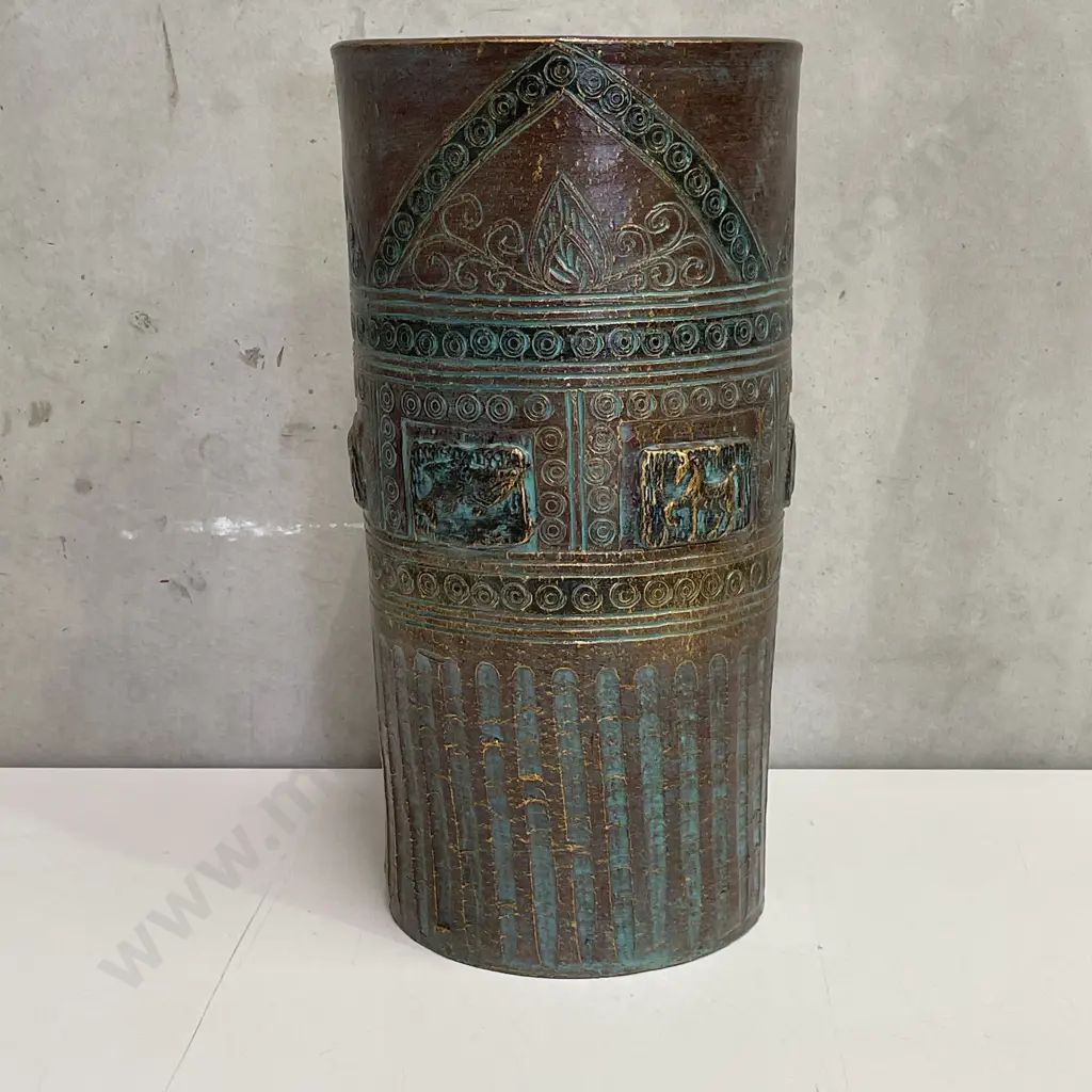Large Cylindrical Terracotta Plant Pot with relief & incised handpainted Ethnic Design. H57cm Dia28cm Image 1++