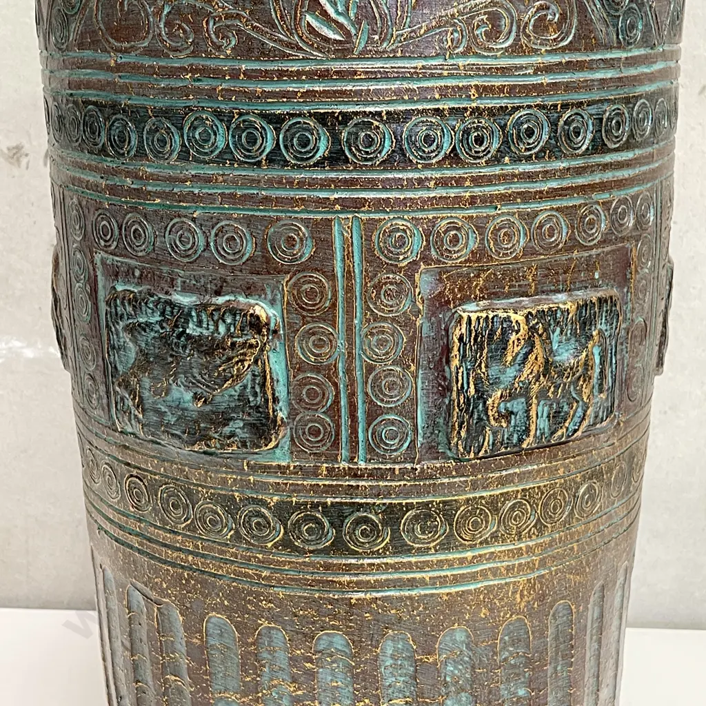 Large Cylindrical Terracotta Plant Pot with relief & incised handpainted Ethnic Design. H57cm Dia28cm Image 1++