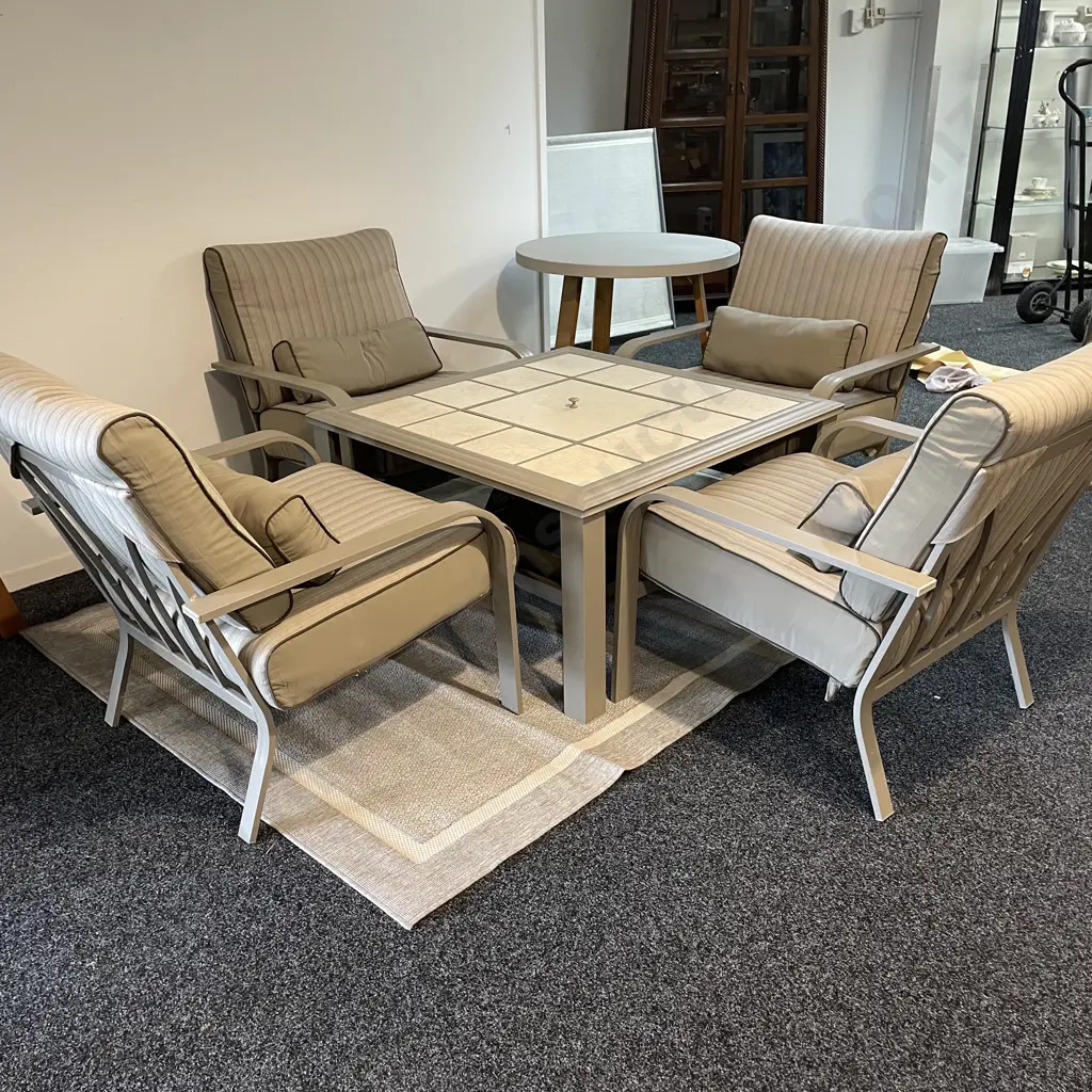 Five Piece Outdoor Setting with Central Fire Pit. Lightweight metal frame with striped fabric squabs Image 1++