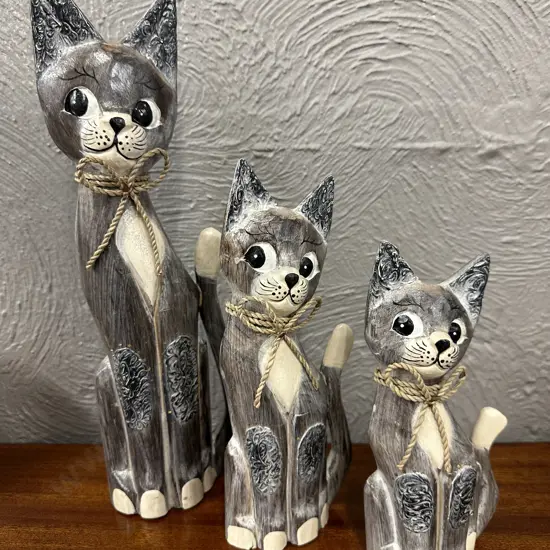 Trio of Ornamental Carved Wooden Cats. Graduating Sizes