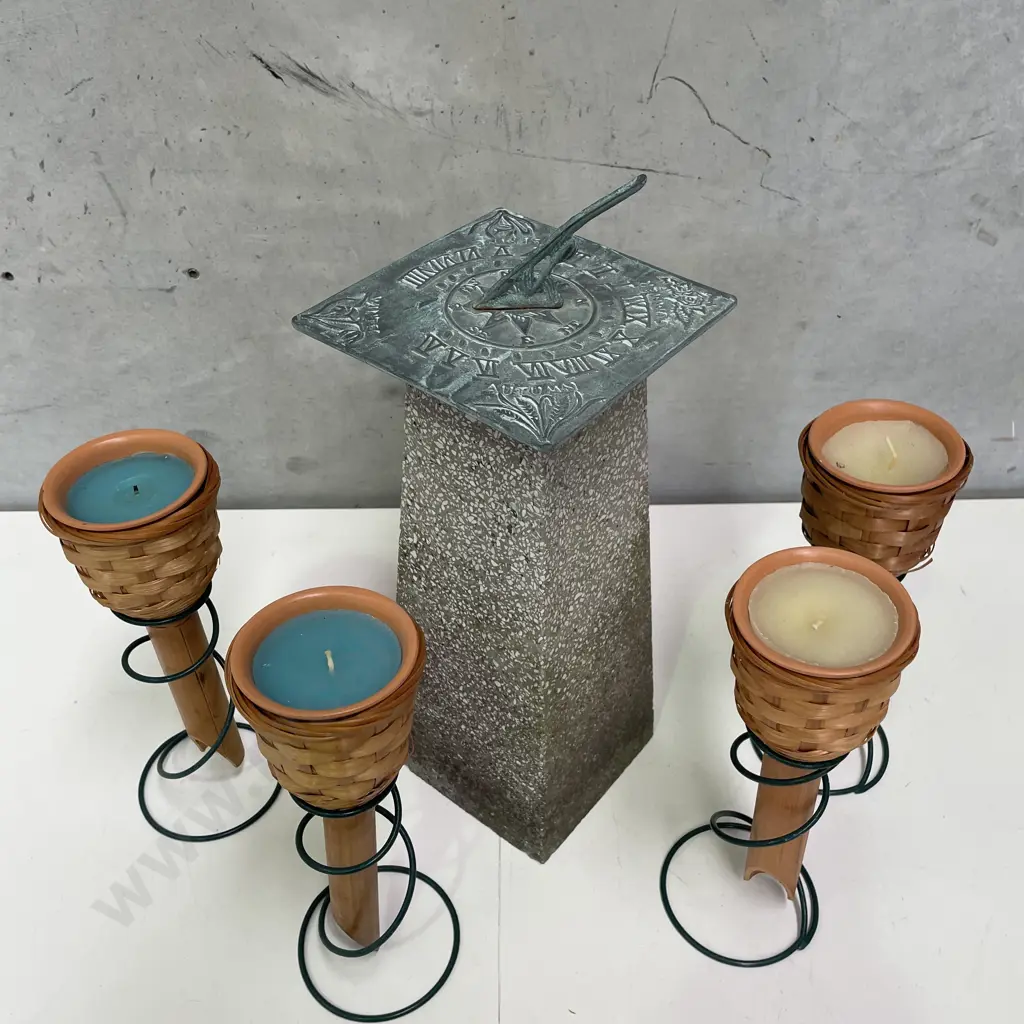 Garden Feature Sundial with Set of Outdoor Garden Candle Lights Image 1++