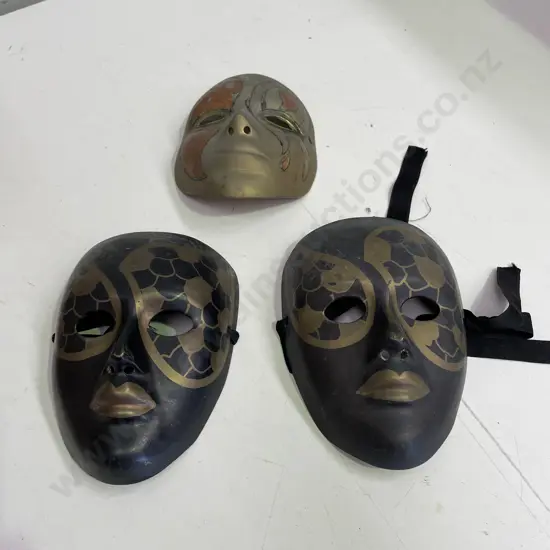 3 Decorative Handpainted Brass Face Masks 