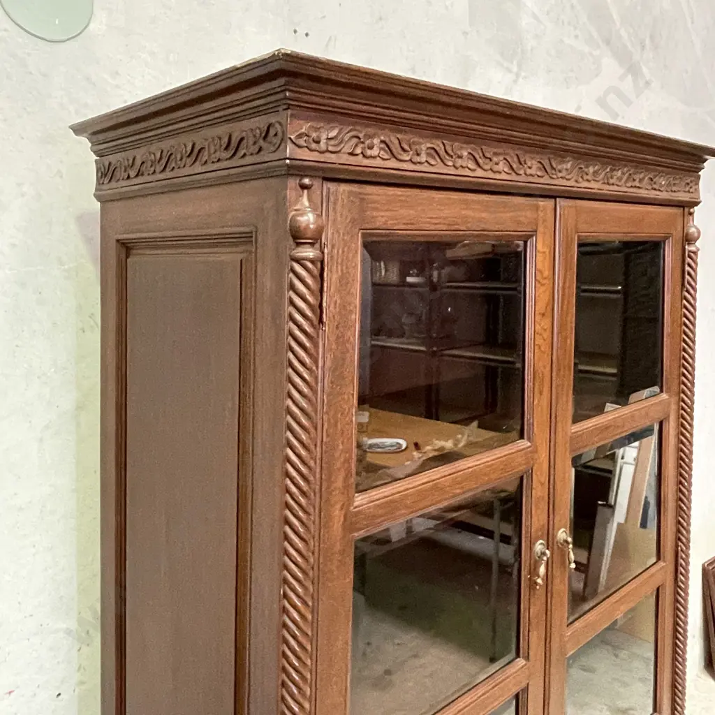 Stunning Vintage Solid Mahogany A Framed Display Cabinet. Carved detail, barley twist sides. 2 Door, 2 drawer Image 1++