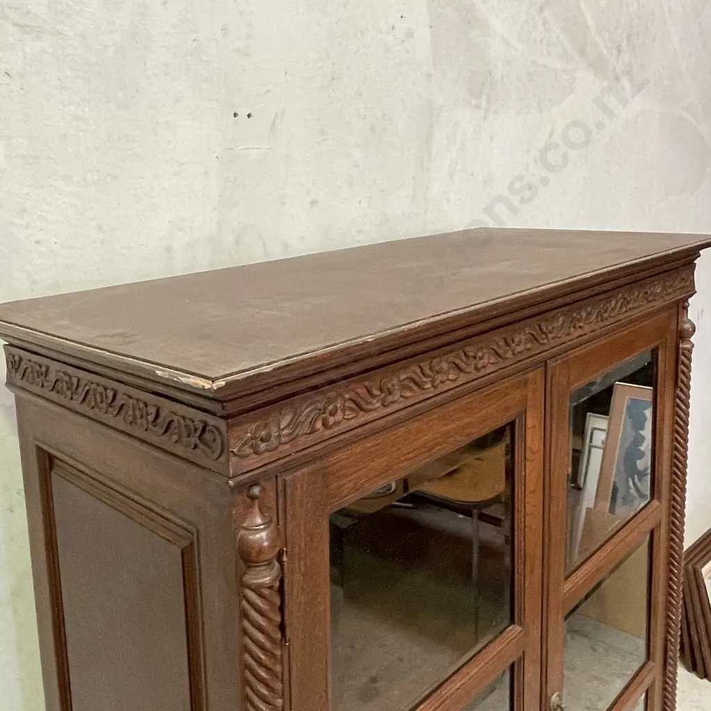 Stunning Vintage Solid Mahogany A Framed Display Cabinet. Carved detail, barley twist sides. 2 Door, 2 drawer Image 1++