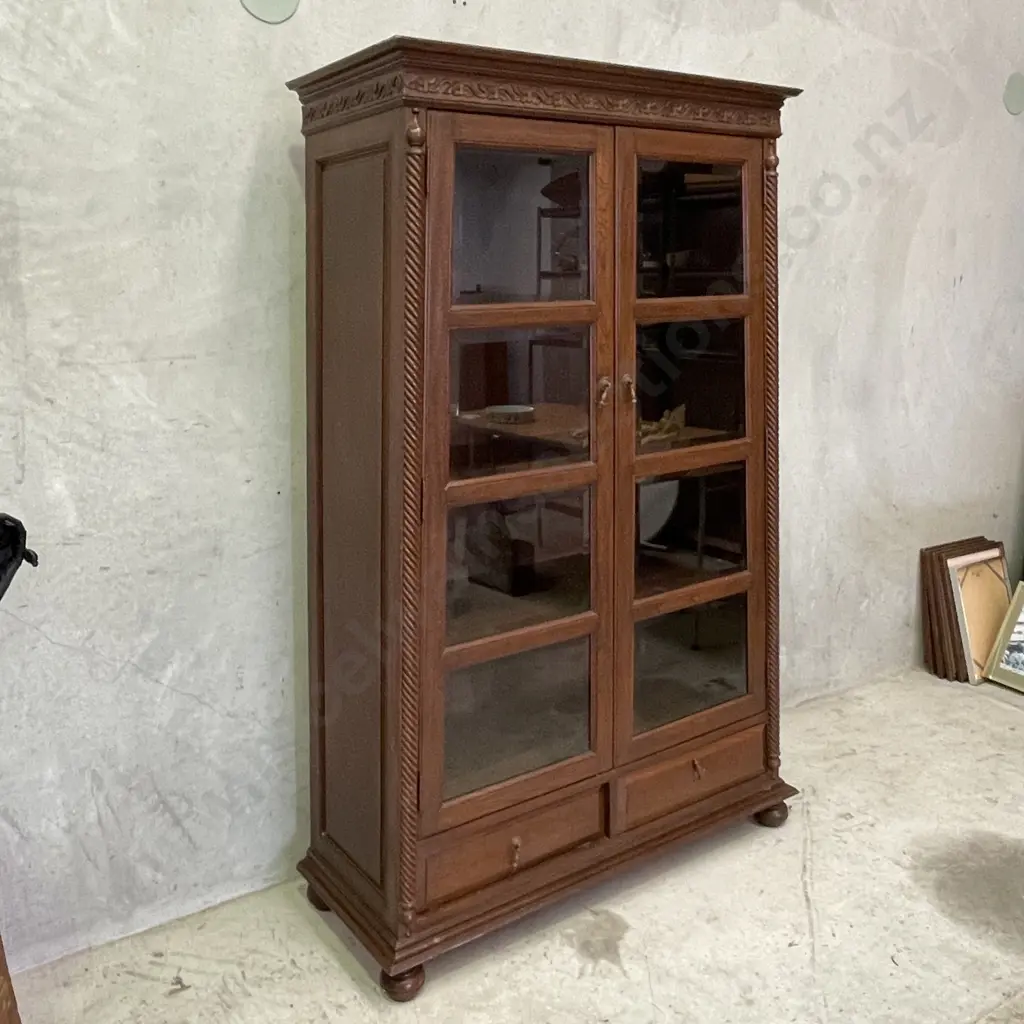 Stunning Vintage Solid Mahogany A Framed Display Cabinet. Carved detail, barley twist sides. 2 Door, 2 drawer Image 1++