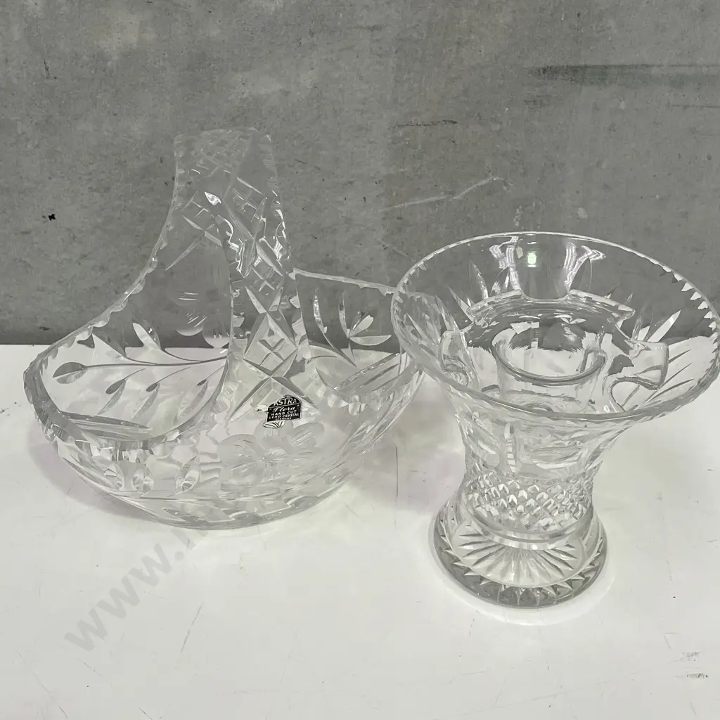 Vintage Crystal Handled Basket with Vase, including flower frog Image 1++