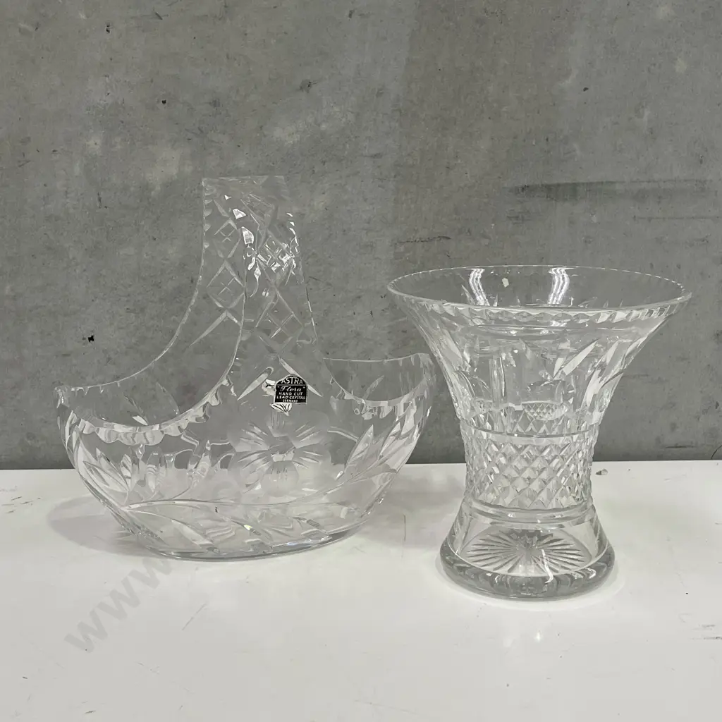 Vintage Crystal Handled Basket with Vase, including flower frog Image 1++