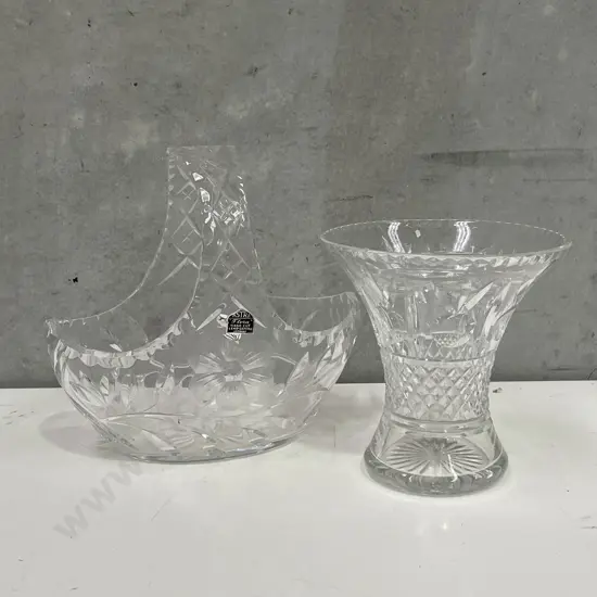 Vintage Crystal Handled Basket with Vase, including flower frog
