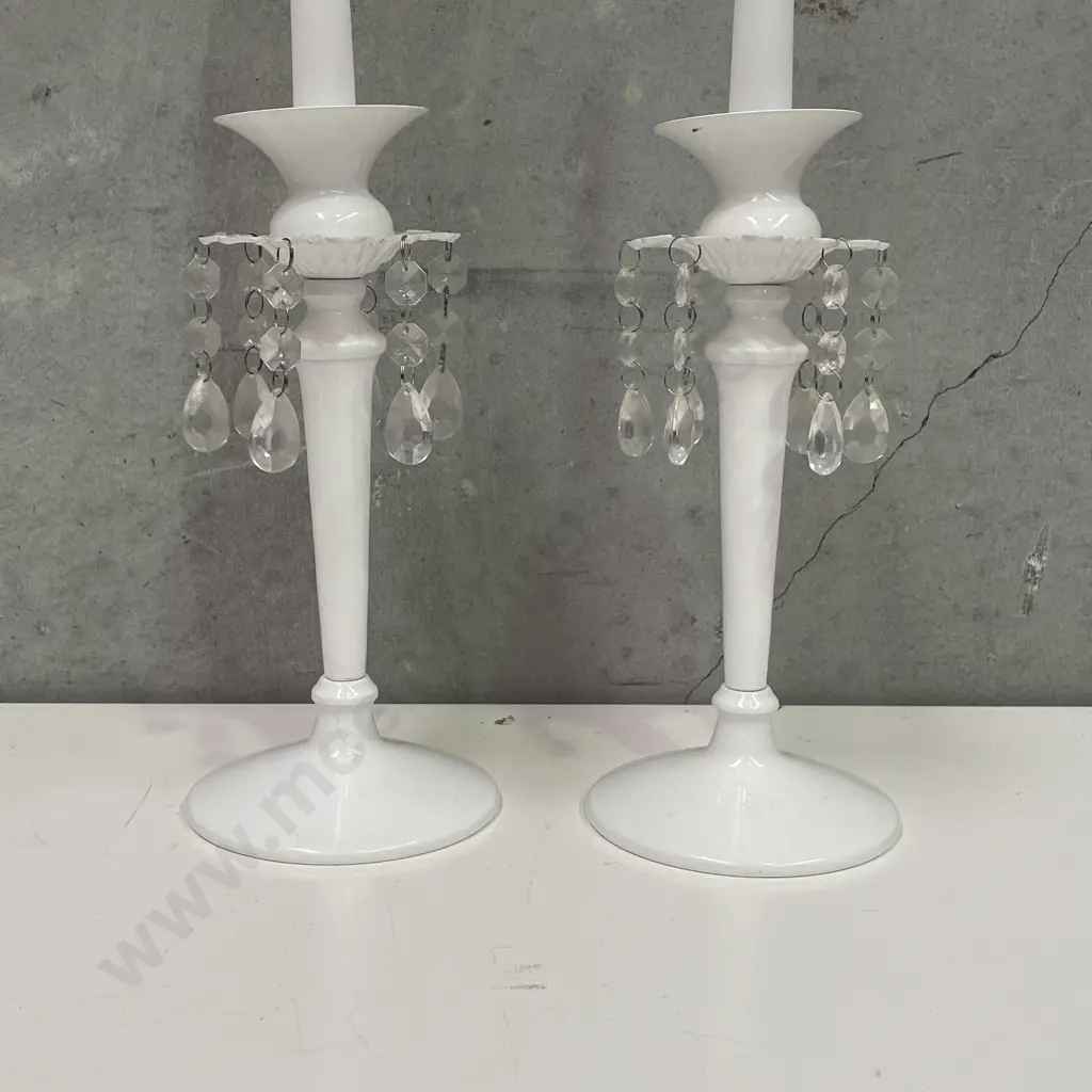Pair of Ornate White painted Metal Candle Sticks with lustre drops. H46cm with candles. Image 1++