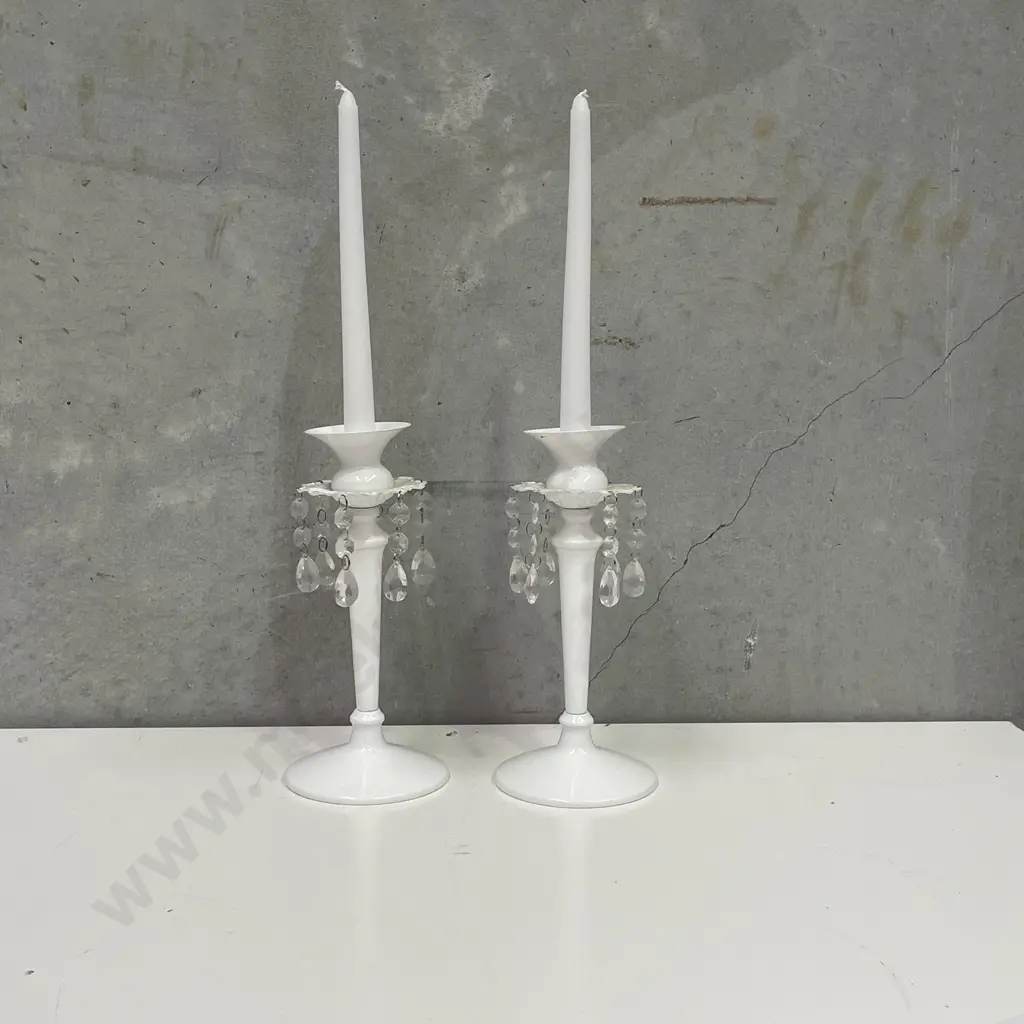 Pair of Ornate White painted Metal Candle Sticks with lustre drops. H46cm with candles. Image 1++