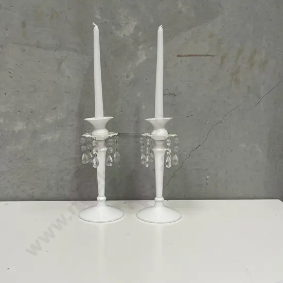 Pair of Ornate White painted Metal Candle Sticks with lustre drops. H46cm with candles.