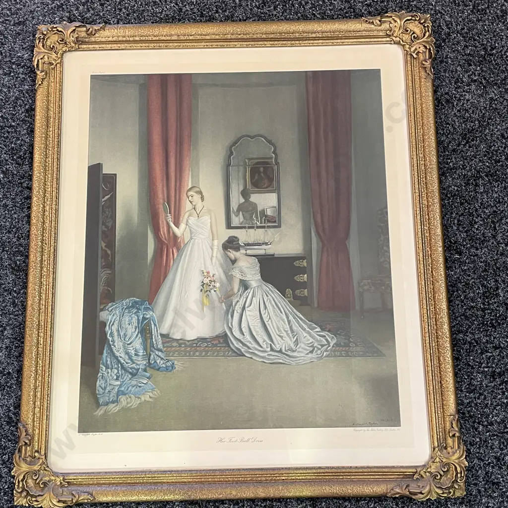 Large L. Campbell Taylor Framed Print "Her First Ball Dress". Ornate Gilded Frame. 69 x 82 incl Frame. Image 1++