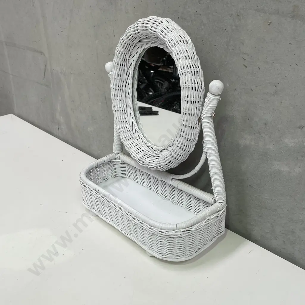 Vintage White painted Cane/Wicker Dressing Table Mirror with base basket. H41 W34 D16cm Image 1++