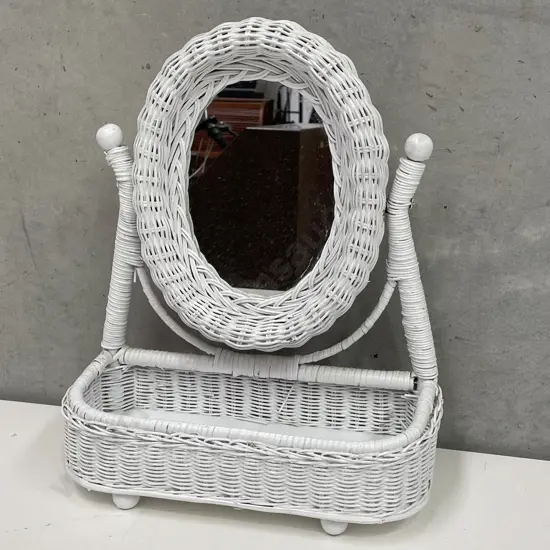 Vintage White painted Cane/Wicker Dressing Table Mirror with base basket. H41 W34 D16cm