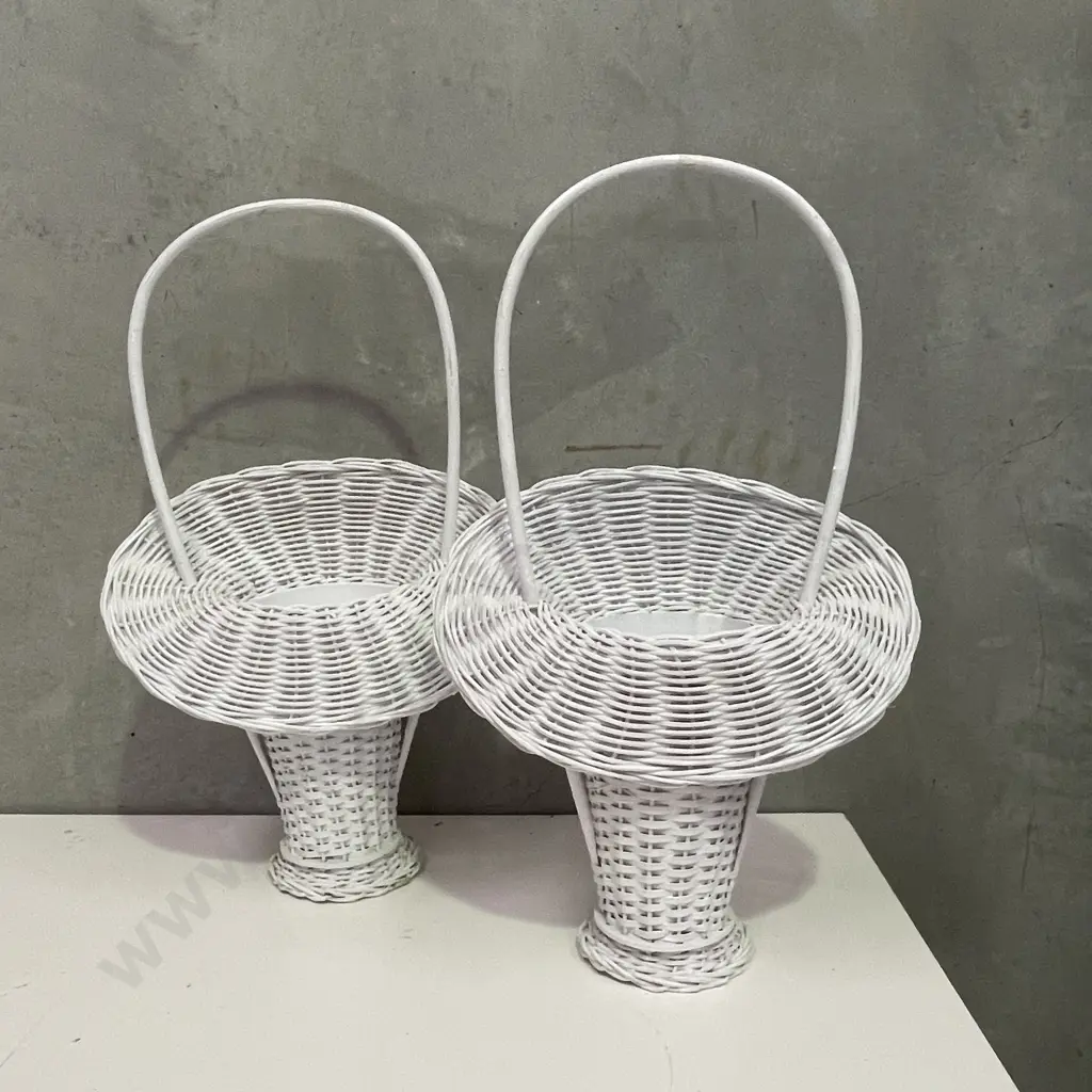 Pair Vintage White Painted Cane/Wicker Handled Flower Baskets Image 1++