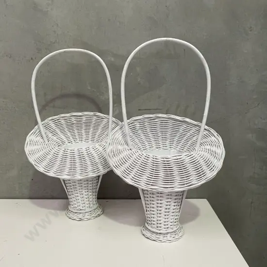Pair Vintage White Painted Cane/Wicker Handled Flower Baskets