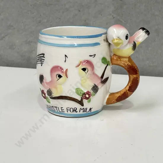 Vintage 1950's Handpainted "Whistle for Milk" Mug with Whistle Bird handle
