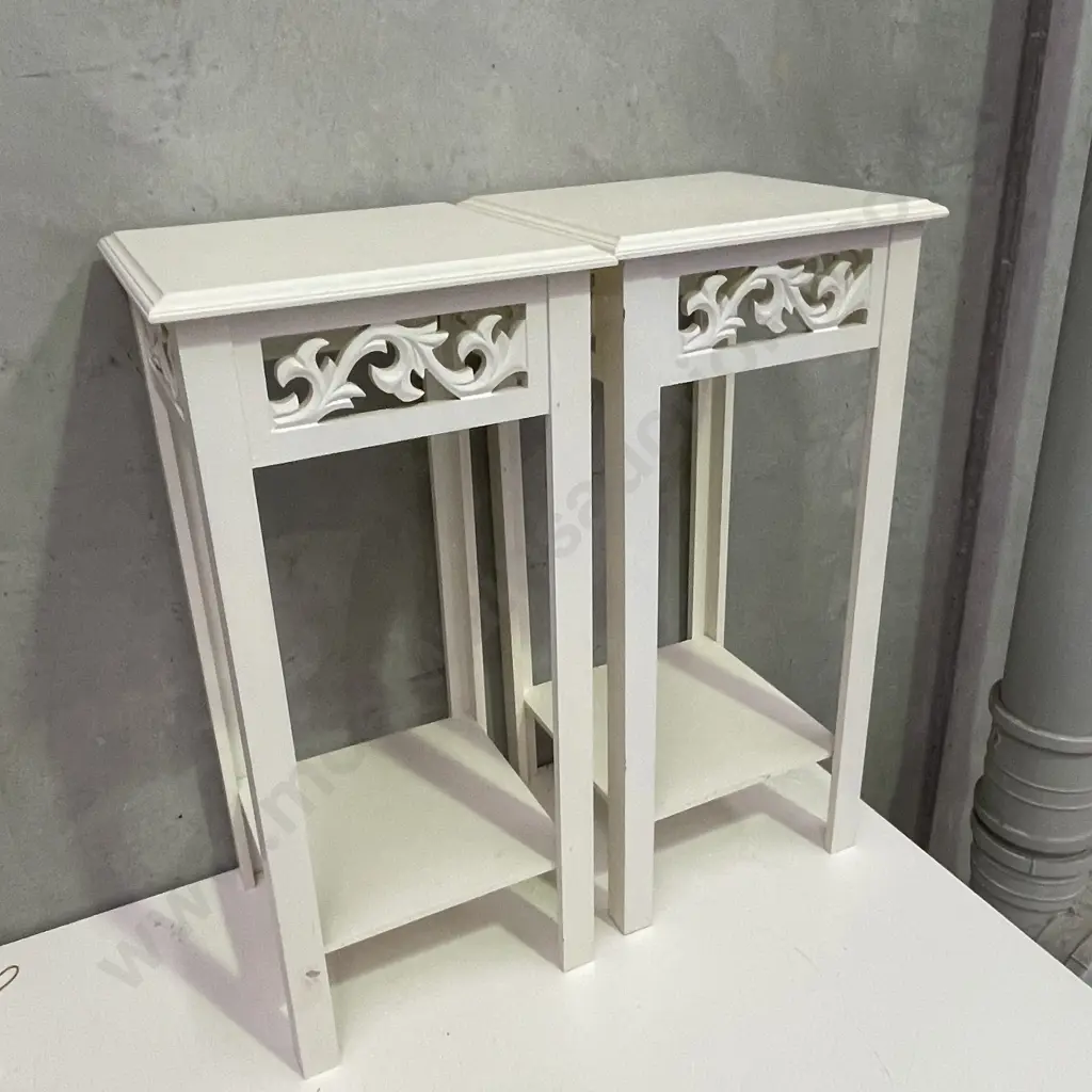 Pair of White/Cream Painted High Occasional Tables with carved detail. H75cm 35cm Sqaure Image 1++