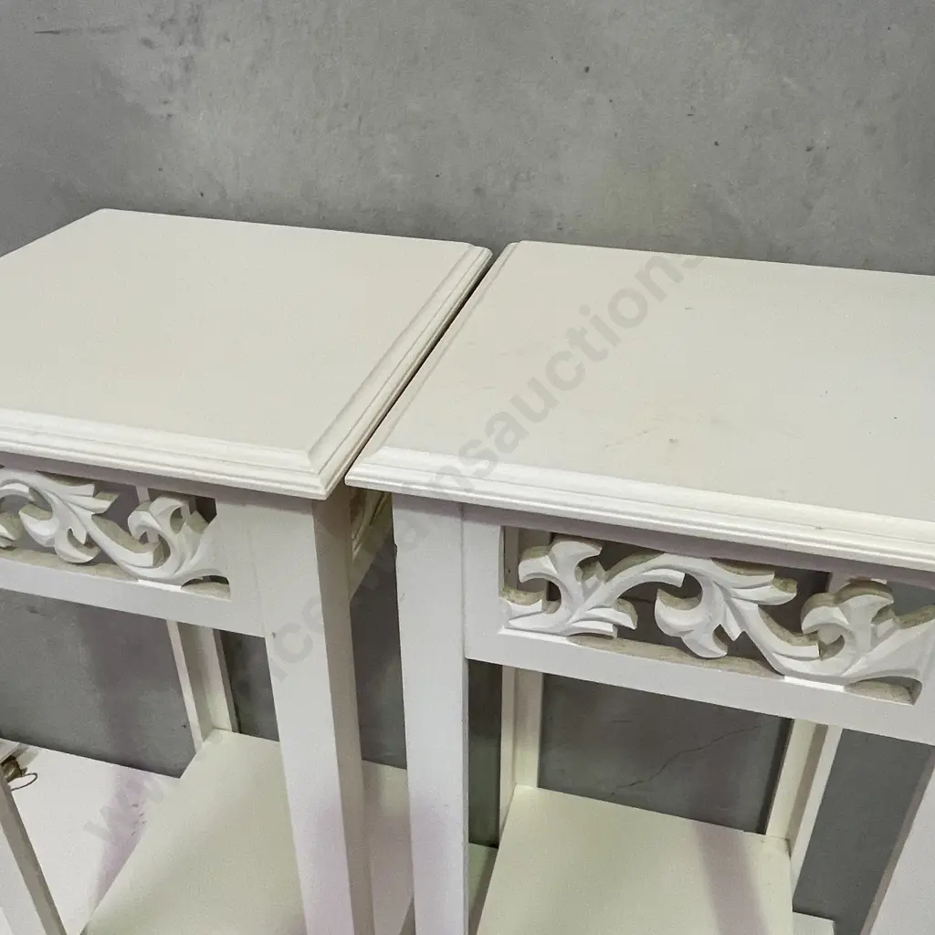 Pair of White/Cream Painted High Occasional Tables with carved detail. H75cm 35cm Sqaure Image 1++