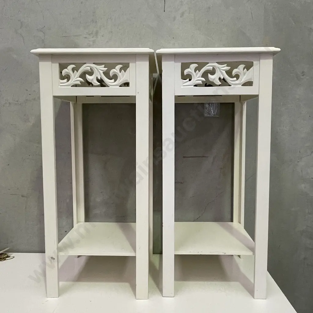 Pair of White/Cream Painted High Occasional Tables with carved detail. H75cm 35cm Sqaure Image 1++