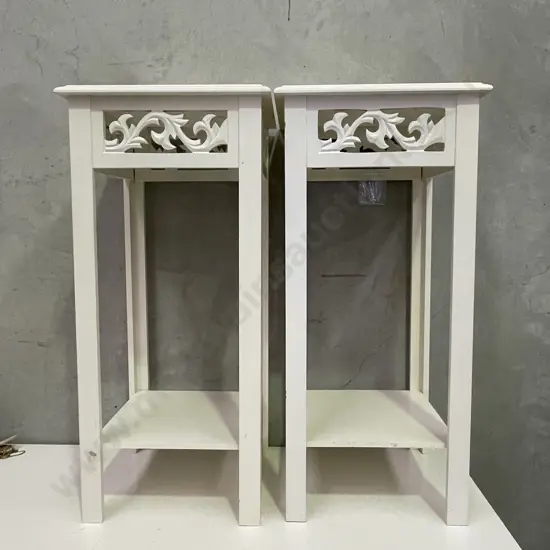 Pair of White/Cream Painted High Occasional Tables with carved detail. H75cm 35cm Sqaure