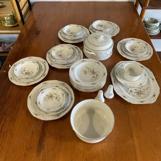 Vintage Huguenot Royale Porcelain 6 Place Setting Dinnerset with extras. Handpainted Floral pattern