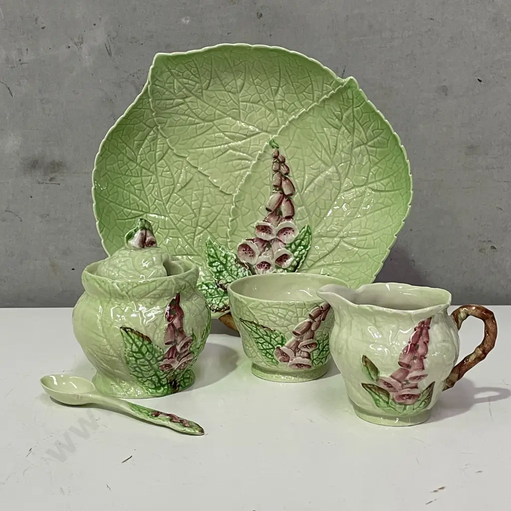 Carltonware Lidded Sugar, Spoon, Cream jug and sugar bowl. Foxglove pattern Image 1++