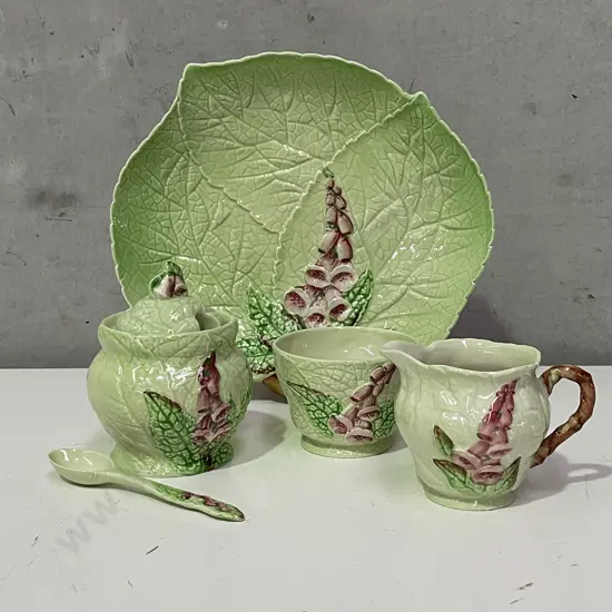 Carltonware Lidded Sugar, Spoon, Cream jug and sugar bowl. Foxglove pattern