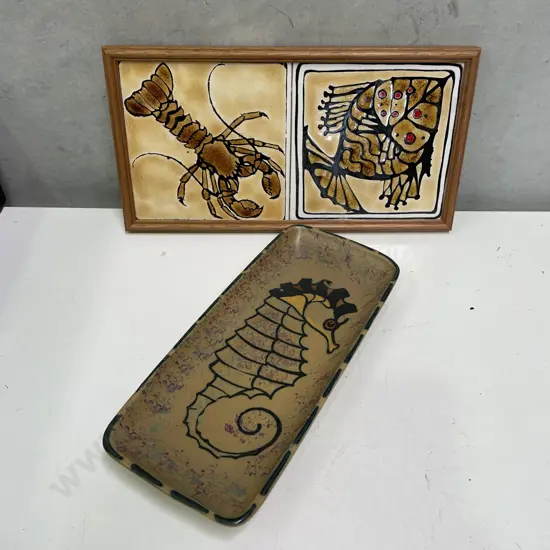 Mid Century Honiton Seahorse Dish with Sea themed Framed Ceramic Tiles