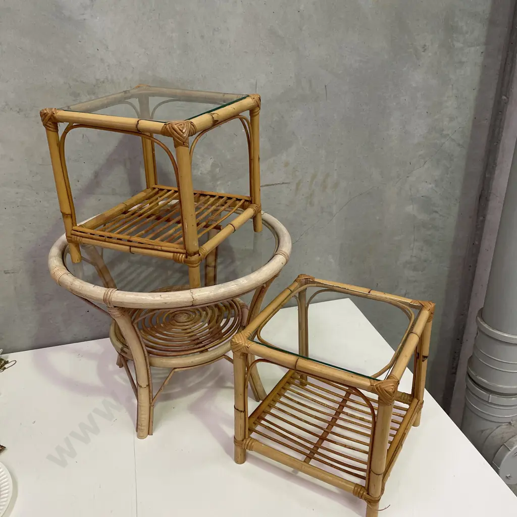 Three Vintage Cane Occasional Tables with Glass Tops Image 1++