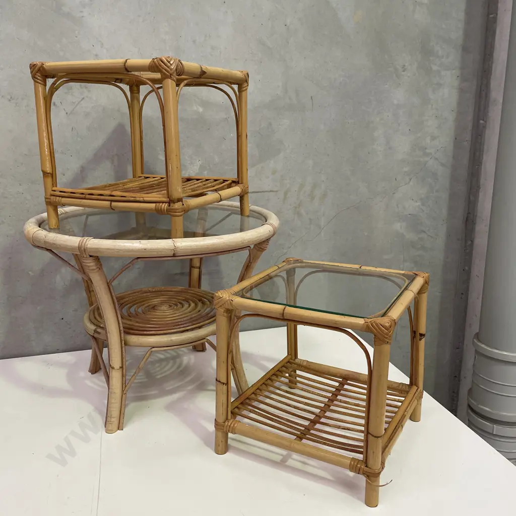Three Vintage Cane Occasional Tables with Glass Tops Image 1++