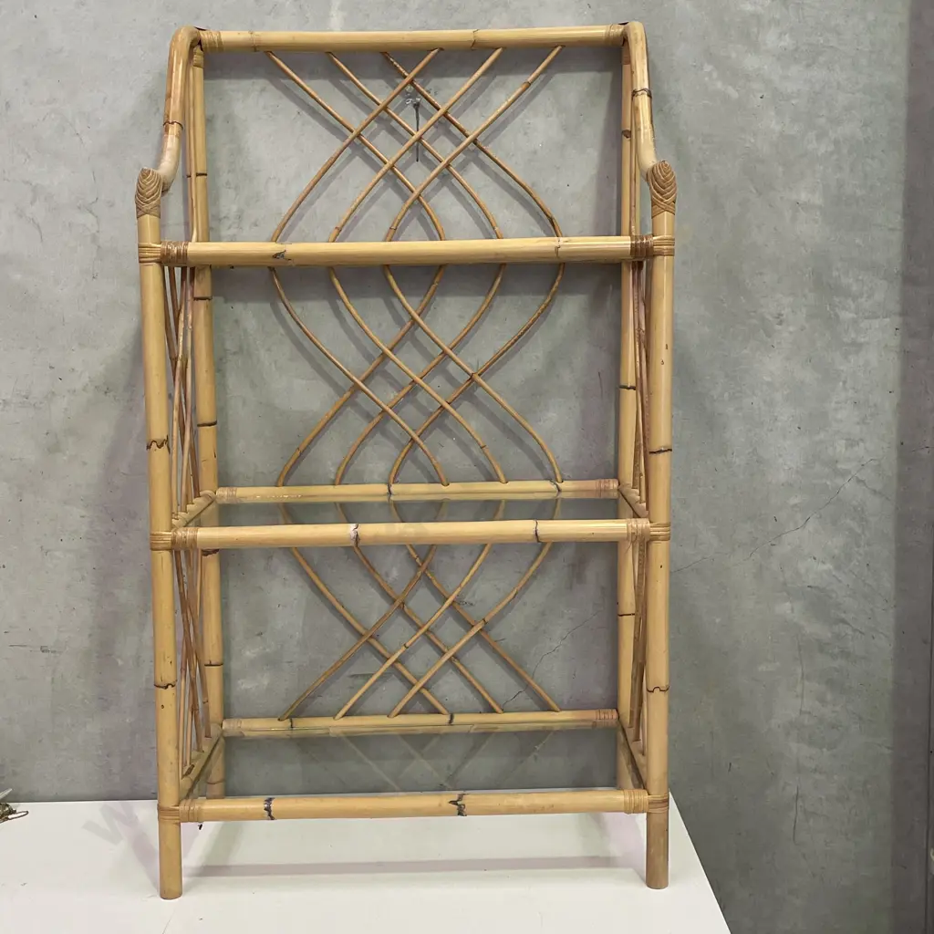 Vintage 3 Tier Cane Shelving Display Unit with glass shelves. H113 W66 D36cm Image 1++