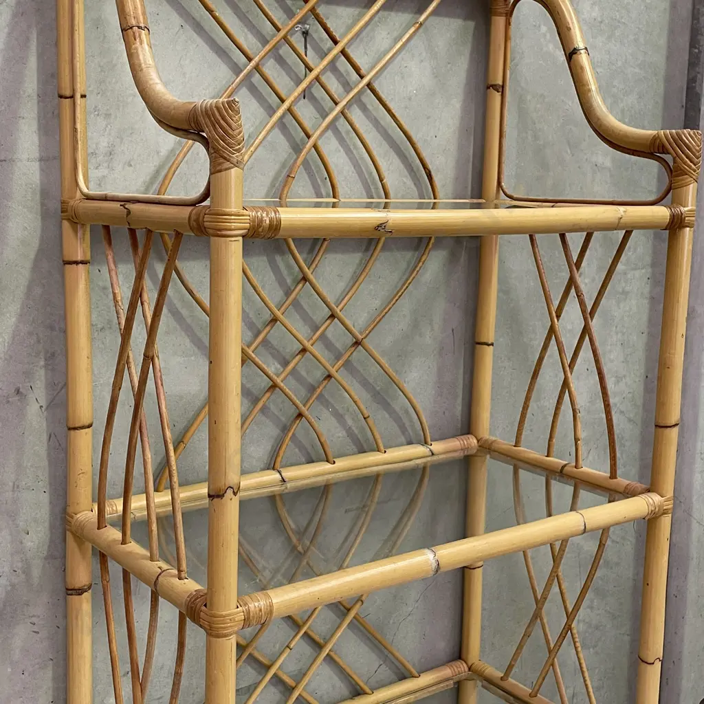 Vintage 3 Tier Cane Shelving Display Unit with glass shelves. H113 W66 D36cm Image 1++