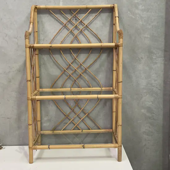 Vintage 3 Tier Cane Shelving Display Unit with glass shelves. H113 W66 D36cm