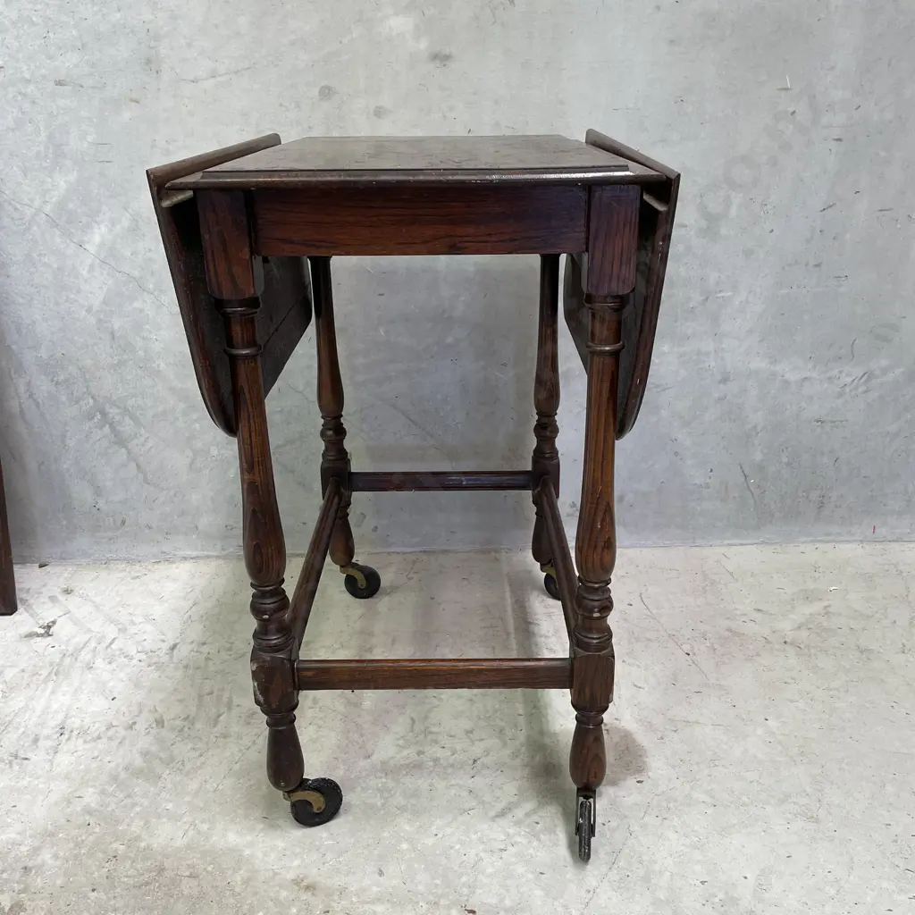 Vintage Oak Dropside Tea Trolley/Table. Top extended 900 x 600mm, Folded 450 x 600mm, H750mm Image 1++