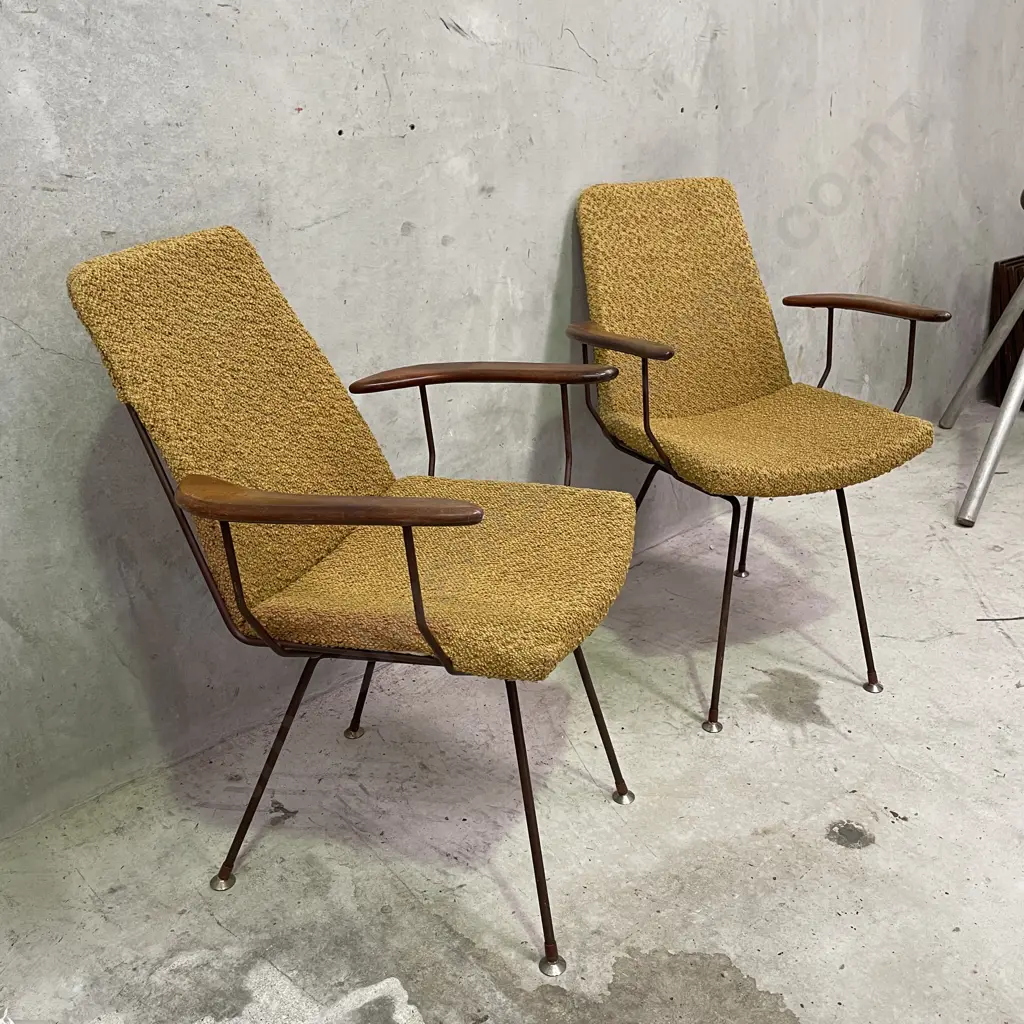 Pair of Vintage Retro Iron Framed, Mahogany Armed, Chairs. Removable Squabs Image 1++