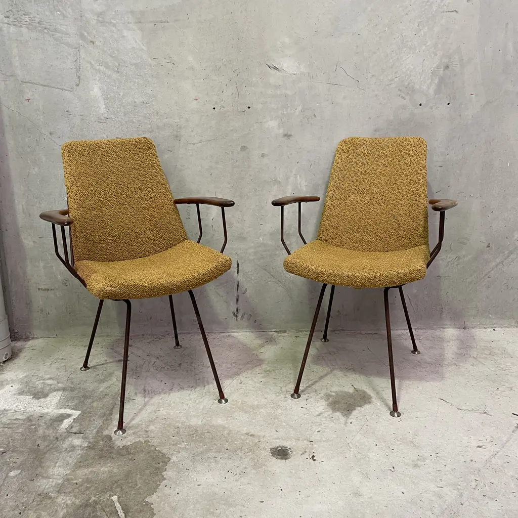 Pair of Vintage Retro Iron Framed, Mahogany Armed, Chairs. Removable Squabs Image 1++