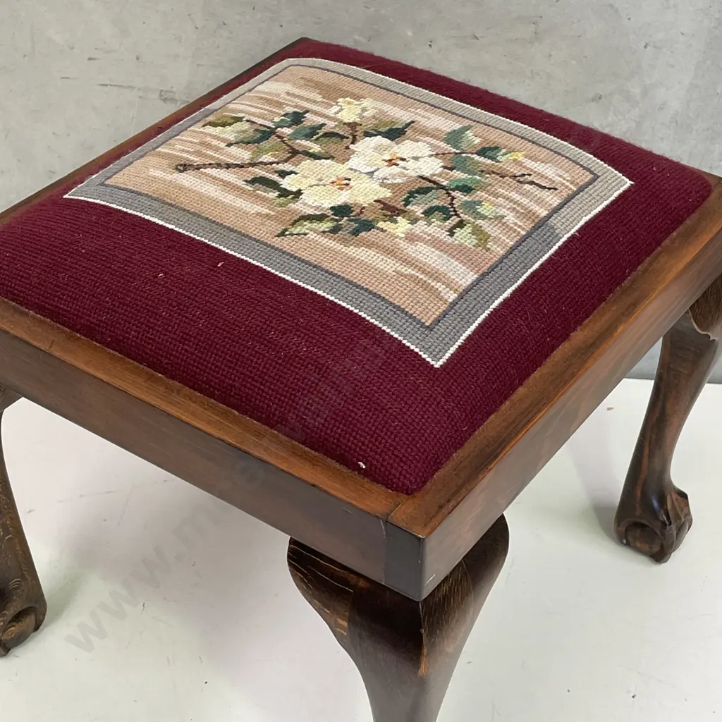 Vintage Claw foot Stool with needle work seat. H35cm Seat 37 x 35cm Image 1++