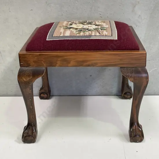 Vintage Claw foot Stool with needle work seat. H35cm Seat 37 x 35cm