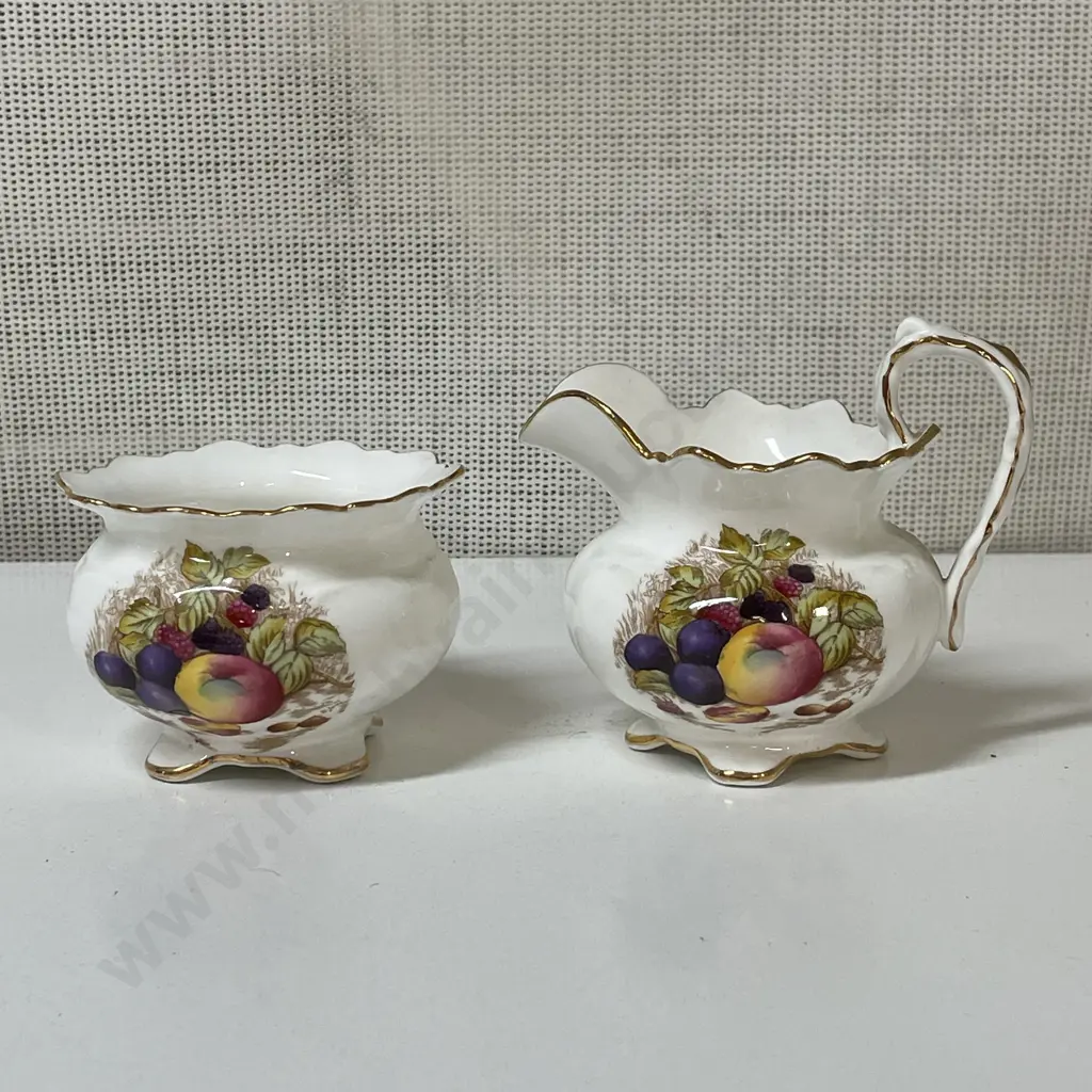 Aynsley Handpainted Fruit patterned Cream Jug and Sugar Bowl. D. Jones Image 1++