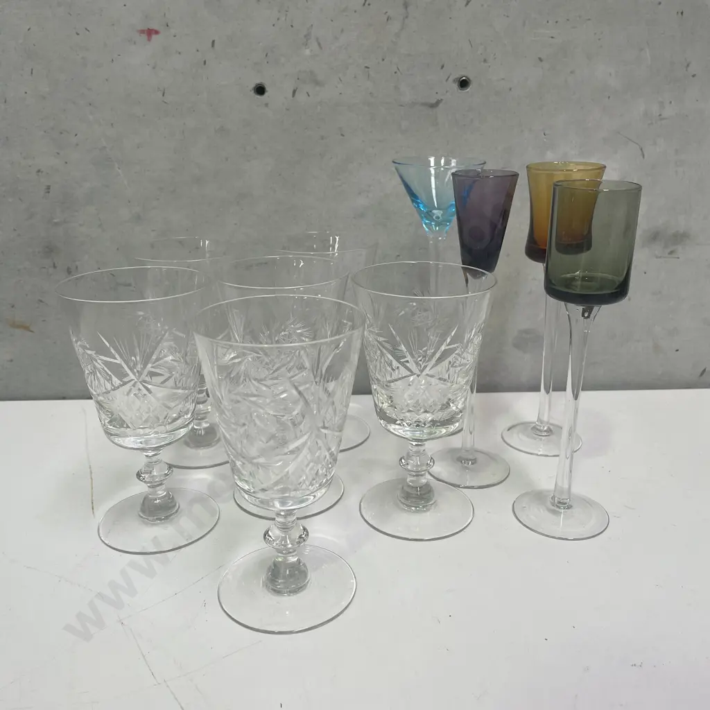 Set of 6 Crystal Wine Glasses with 4 Retro high stemed Shot Glasses Image 1++