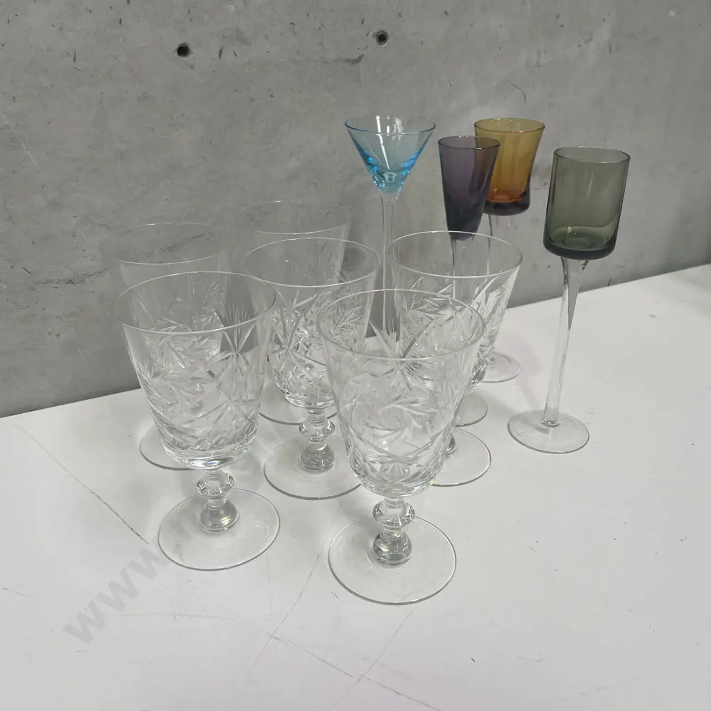 Set of 6 Crystal Wine Glasses with 4 Retro high stemed Shot Glasses Image 1++