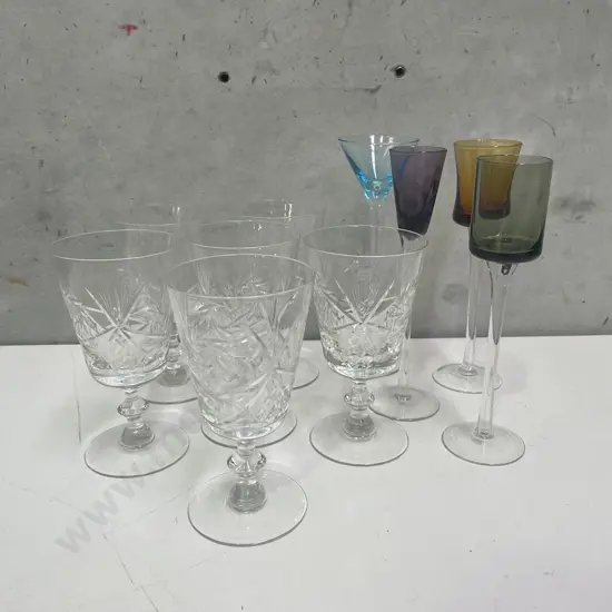 Set of 6 Crystal Wine Glasses with 4 Retro high stemed Shot Glasses