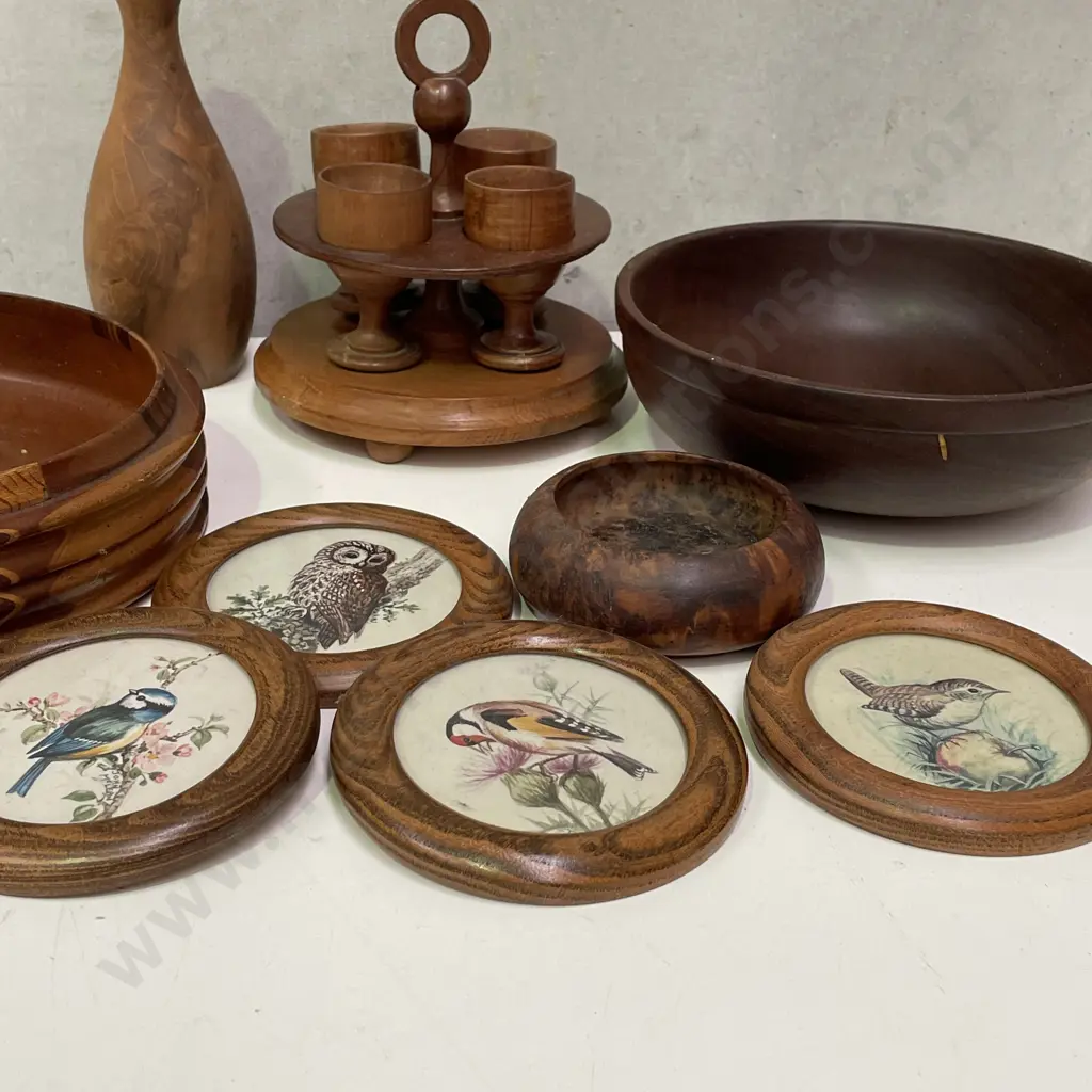 Assorted Native Wooden Ware including Framed Bird Pictures, egg cup set etc Image 1++