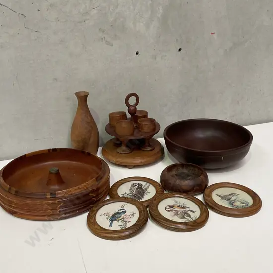 Assorted Native Wooden Ware including Framed Bird Pictures, egg cup set etc