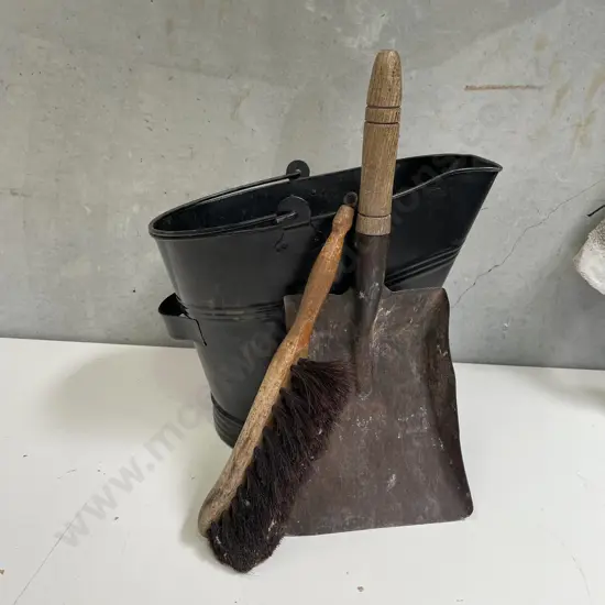 Black Painted Coal Bucket with Vintage Brush and Shovel